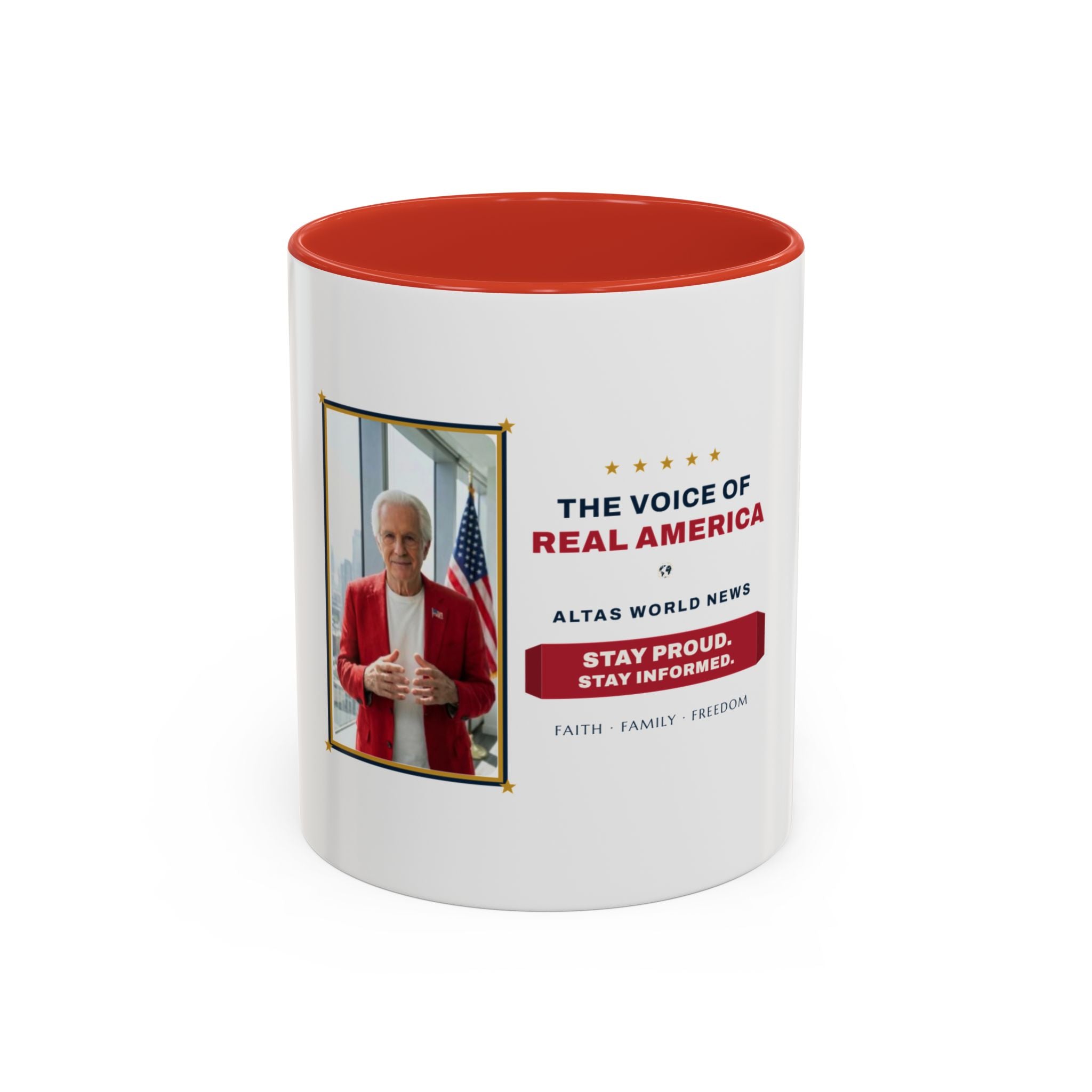 Altas World News "The Voice of Real America" Accent Coffee Mug — Patriotic Conservative Gift Mug for Men, 11oz / 15oz, Stay Proud Stay Informed