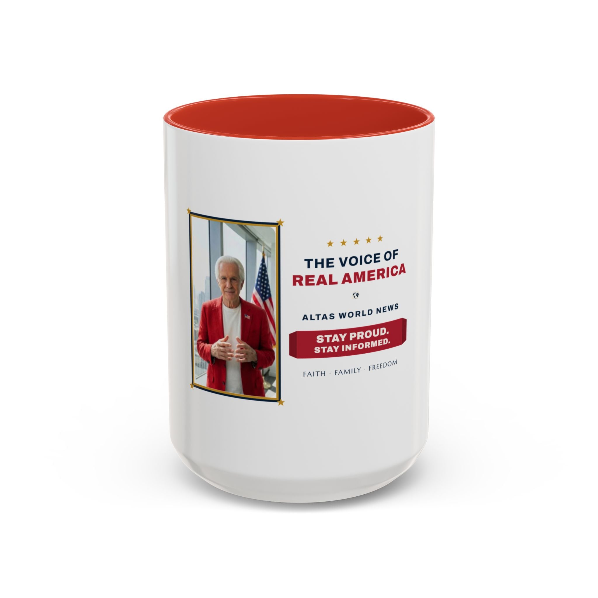 Altas World News "The Voice of Real America" Accent Coffee Mug — Patriotic Conservative Gift Mug for Men, 11oz / 15oz, Stay Proud Stay Informed