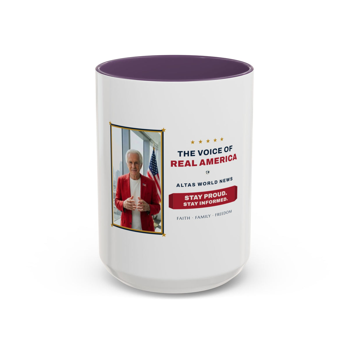 Altas World News "The Voice of Real America" Accent Coffee Mug — Patriotic Conservative Gift Mug for Men, 11oz / 15oz, Stay Proud Stay Informed