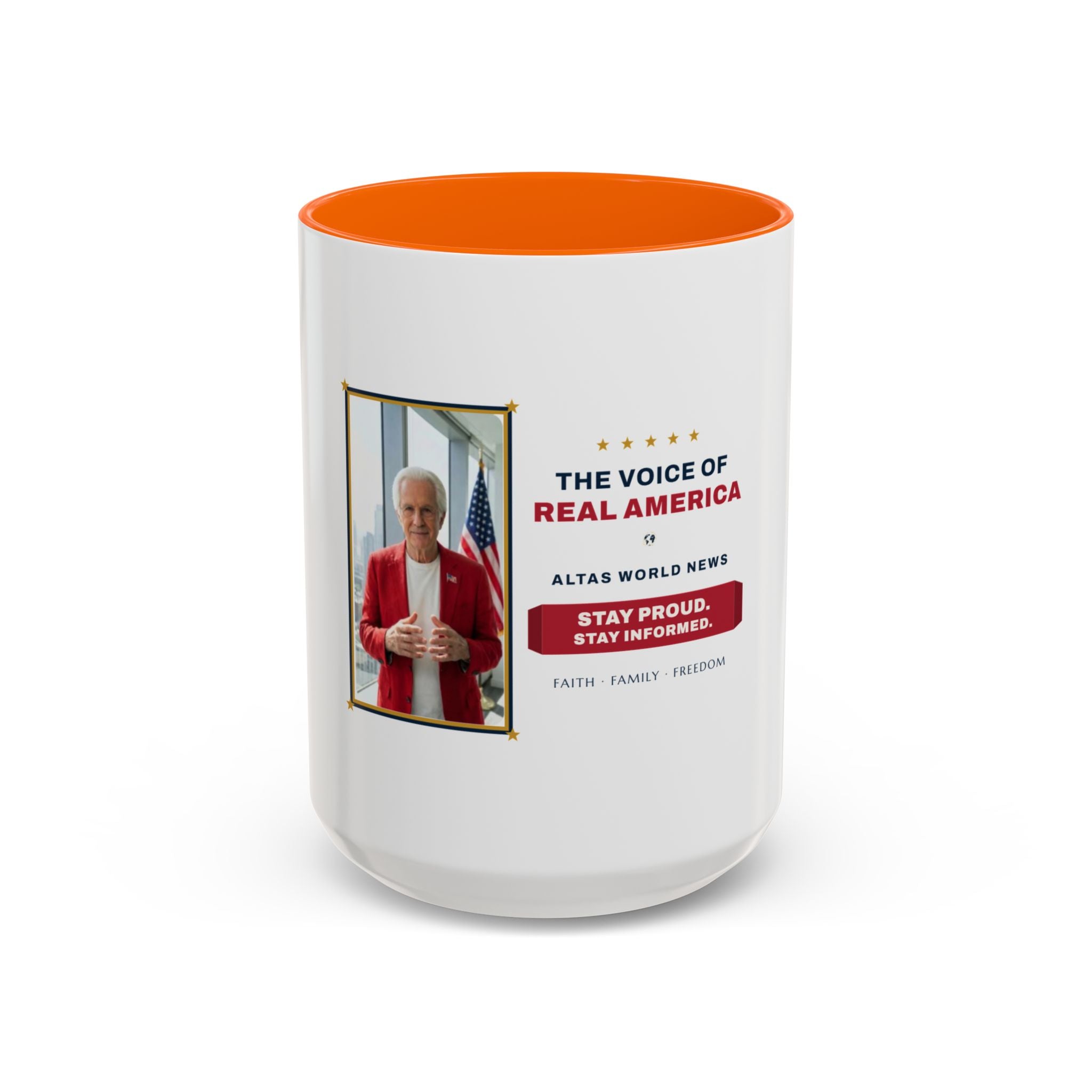 Altas World News "The Voice of Real America" Accent Coffee Mug — Patriotic Conservative Gift Mug for Men, 11oz / 15oz, Stay Proud Stay Informed