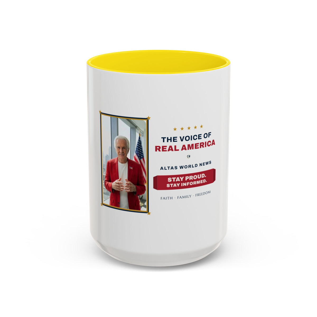 Altas World News "The Voice of Real America" Accent Coffee Mug — Patriotic Conservative Gift Mug for Men, 11oz / 15oz, Stay Proud Stay Informed