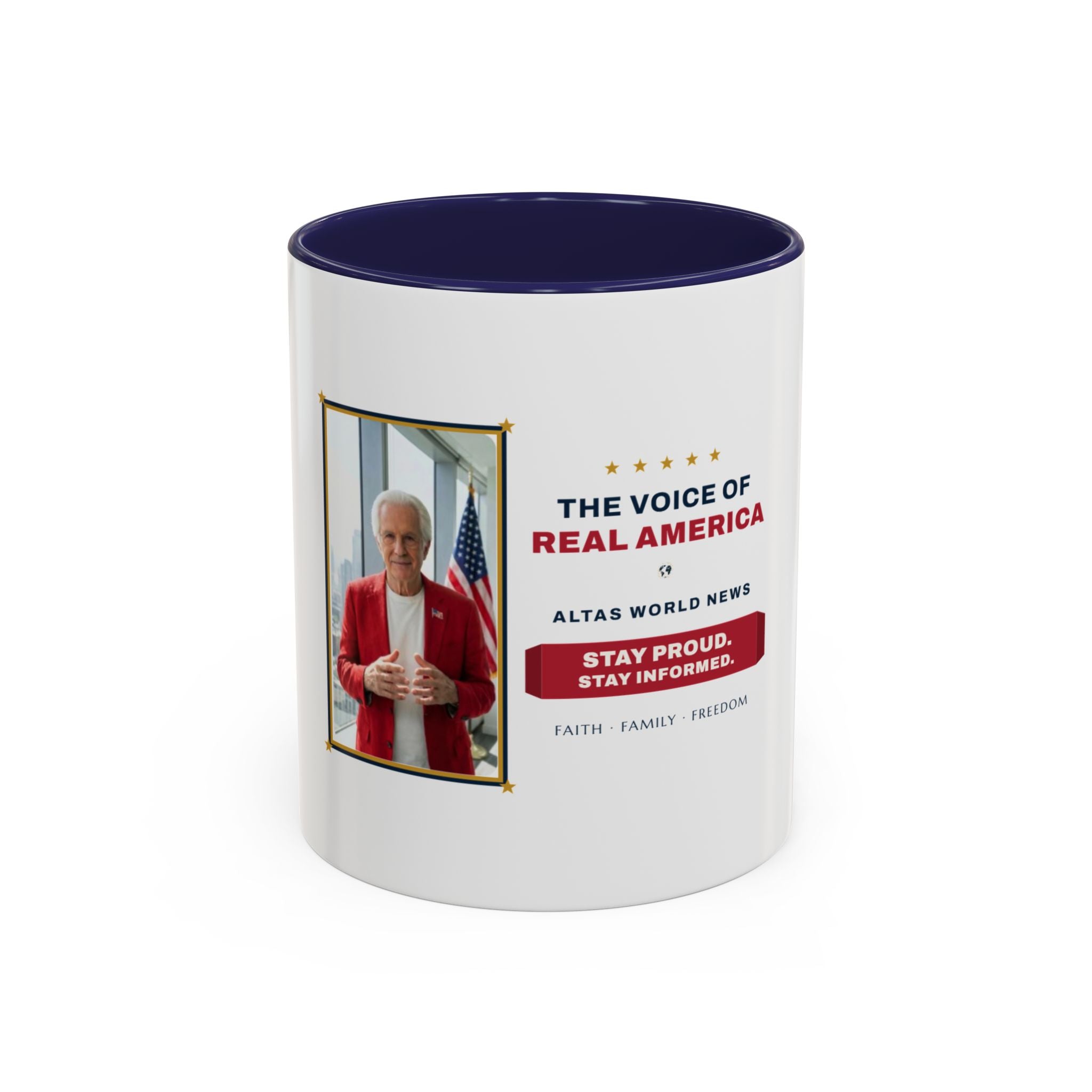 Altas World News "The Voice of Real America" Accent Coffee Mug — Patriotic Conservative Gift Mug for Men, 11oz / 15oz, Stay Proud Stay Informed