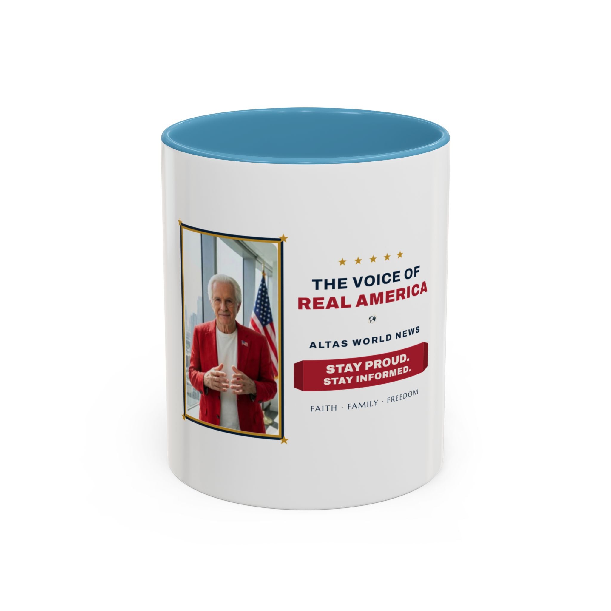 Altas World News "The Voice of Real America" Accent Coffee Mug — Patriotic Conservative Gift Mug for Men, 11oz / 15oz, Stay Proud Stay Informed