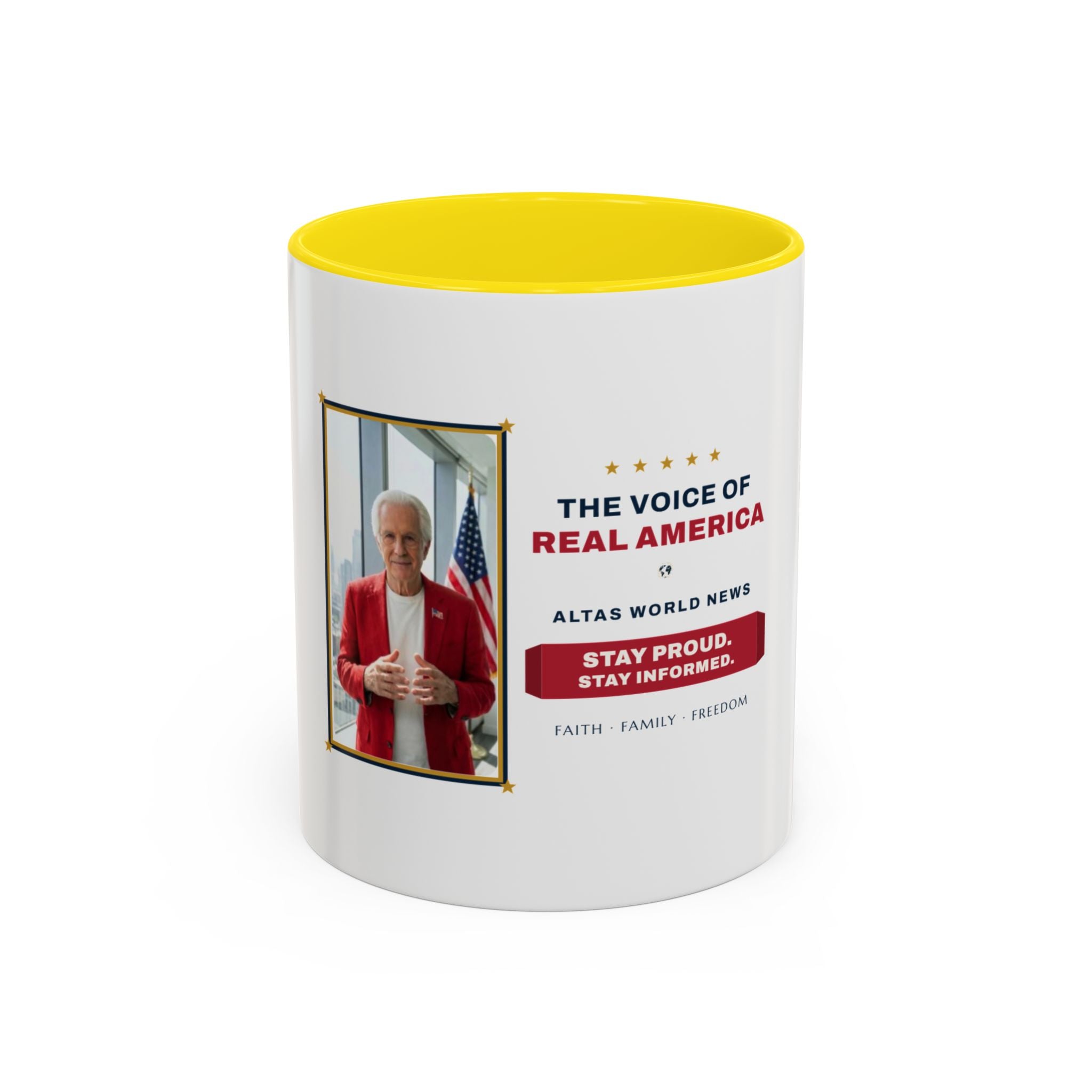 Altas World News "The Voice of Real America" Accent Coffee Mug — Patriotic Conservative Gift Mug for Men, 11oz / 15oz, Stay Proud Stay Informed