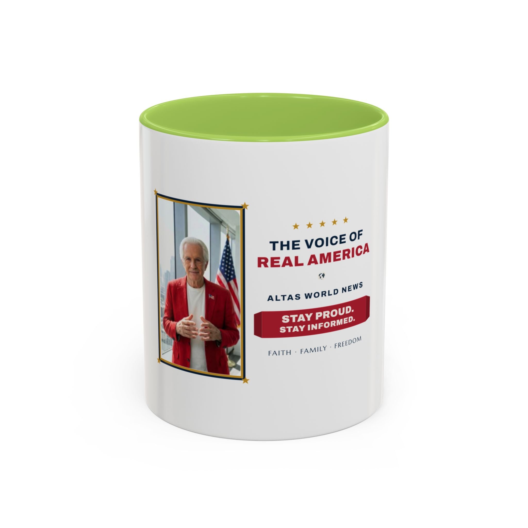 Altas World News "The Voice of Real America" Accent Coffee Mug — Patriotic Conservative Gift Mug for Men, 11oz / 15oz, Stay Proud Stay Informed