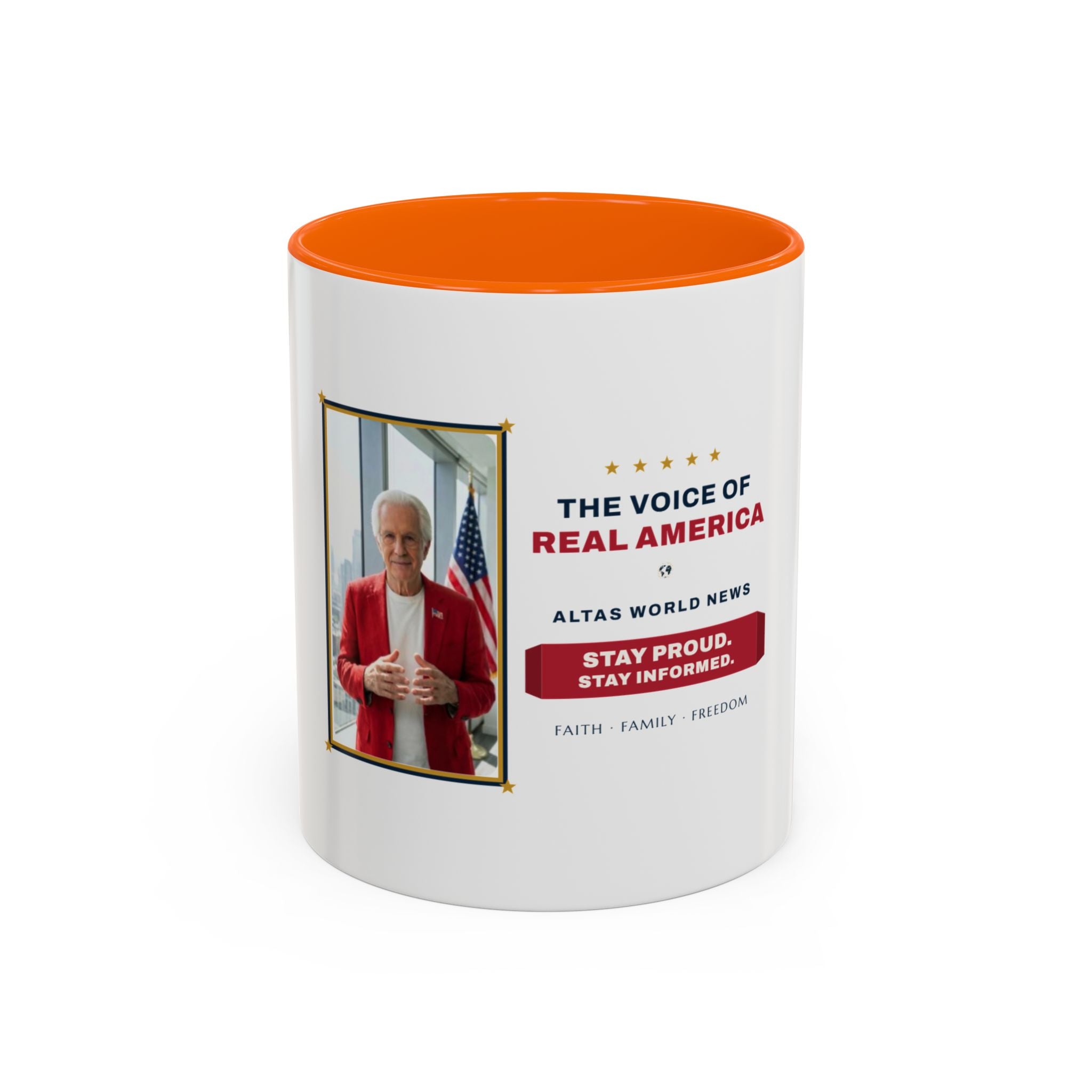 Altas World News "The Voice of Real America" Accent Coffee Mug — Patriotic Conservative Gift Mug for Men, 11oz / 15oz, Stay Proud Stay Informed