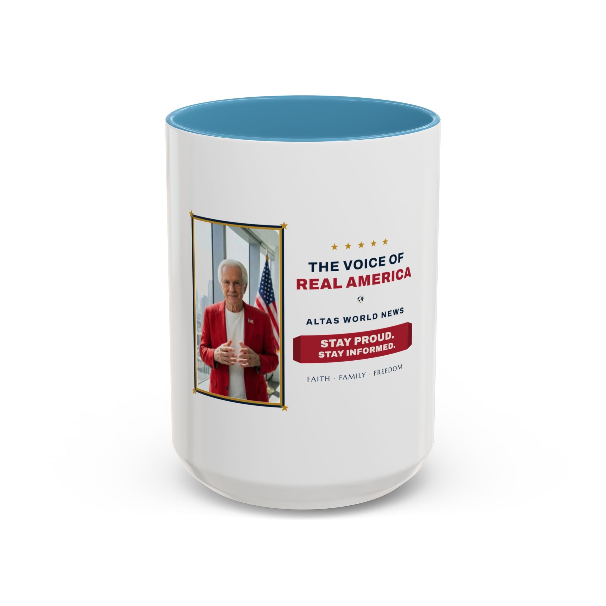 Altas World News "The Voice of Real America" Accent Coffee Mug — Patriotic Conservative Gift Mug for Men, 11oz / 15oz, Stay Proud Stay Informed