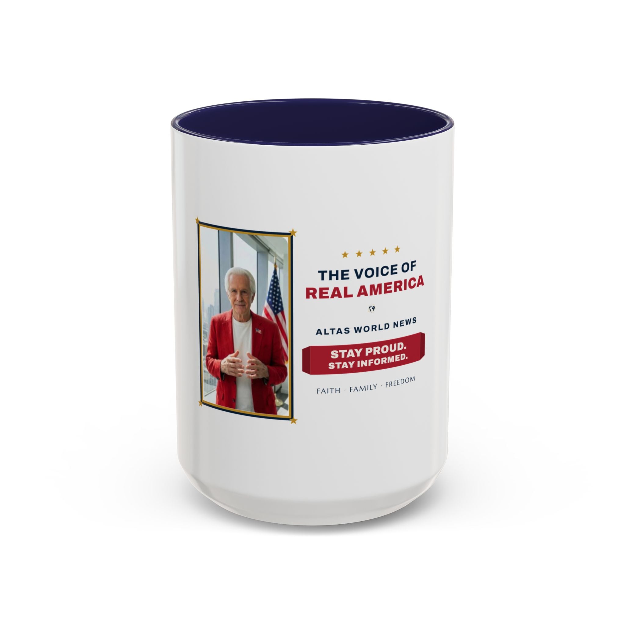 Altas World News "The Voice of Real America" Accent Coffee Mug — Patriotic Conservative Gift Mug for Men, 11oz / 15oz, Stay Proud Stay Informed