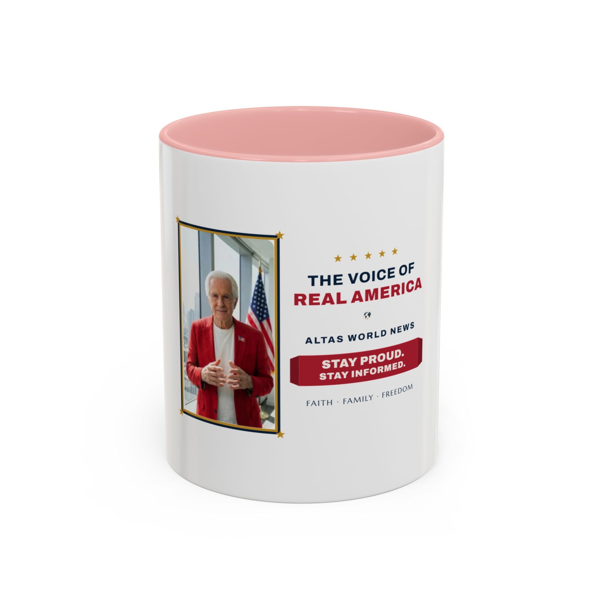 Altas World News "The Voice of Real America" Accent Coffee Mug — Patriotic Conservative Gift Mug for Men, 11oz / 15oz, Stay Proud Stay Informed