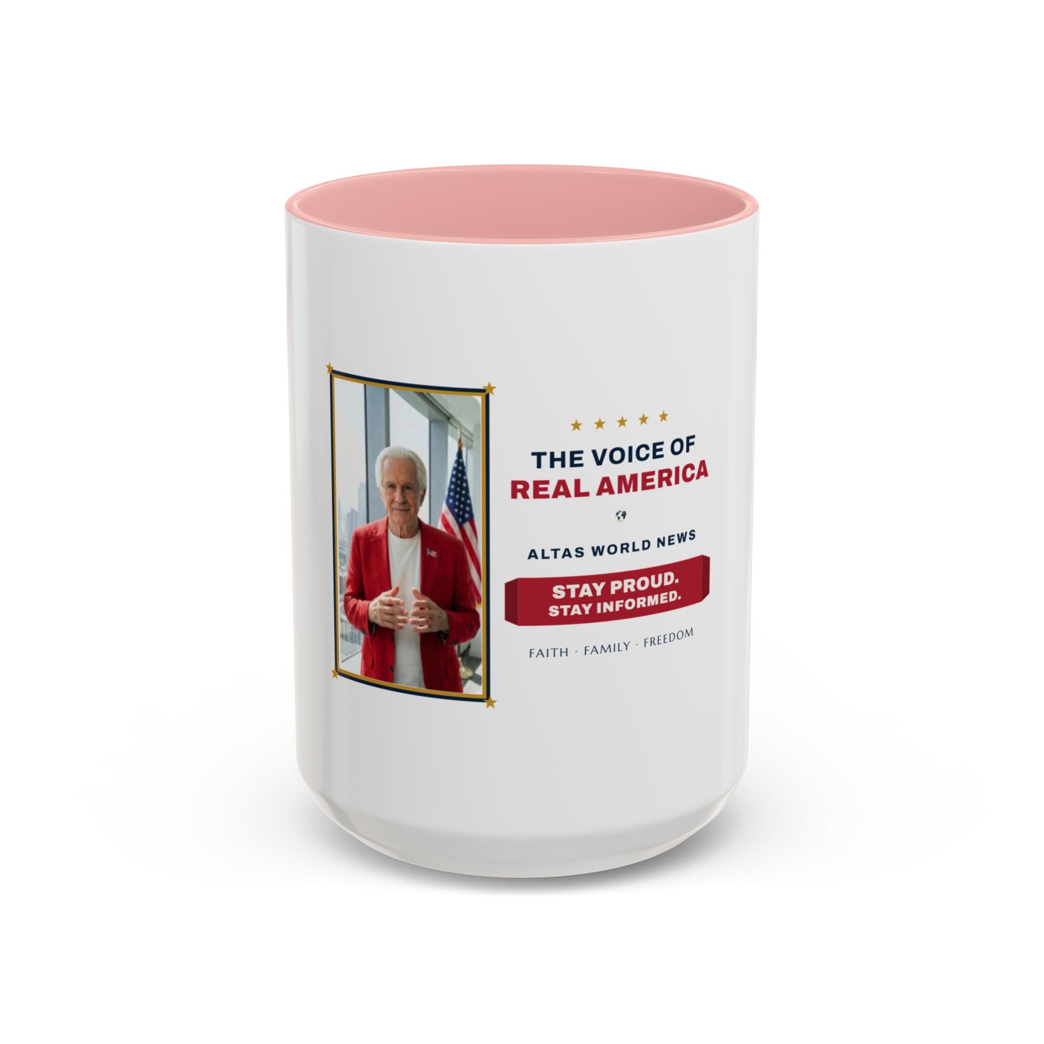 Altas World News "The Voice of Real America" Accent Coffee Mug — Patriotic Conservative Gift Mug for Men, 11oz / 15oz, Stay Proud Stay Informed