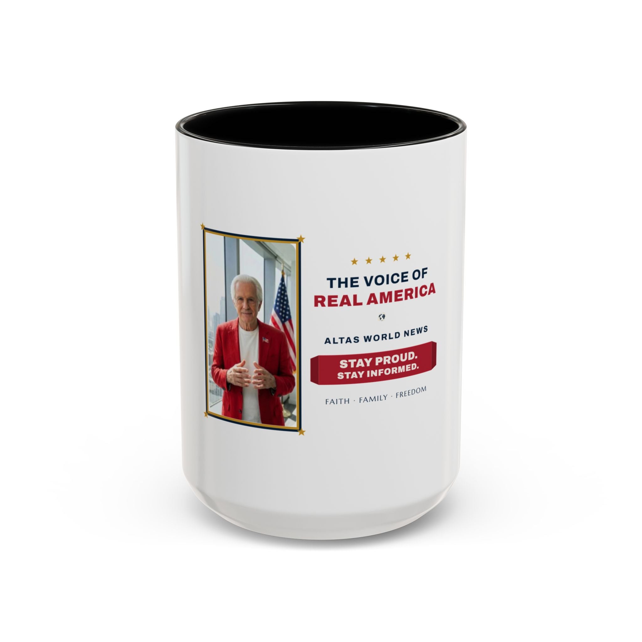 Altas World News "The Voice of Real America" Accent Coffee Mug — Patriotic Conservative Gift Mug for Men, 11oz / 15oz, Stay Proud Stay Informed